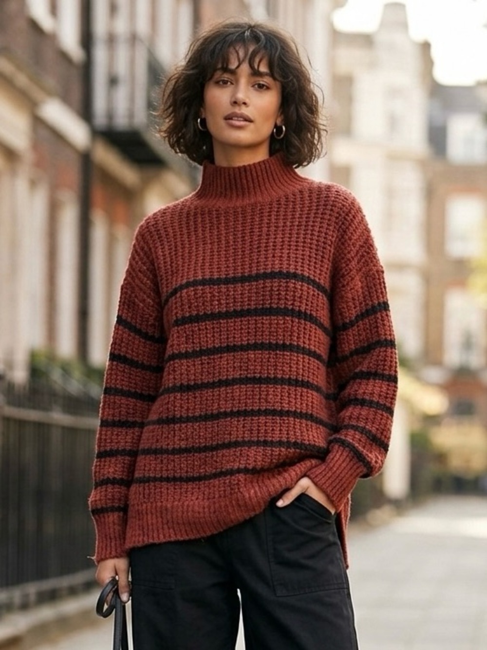Isabel Chunky Knit Old Money Coastal Rust Black Striped Turtleneck Sweater S